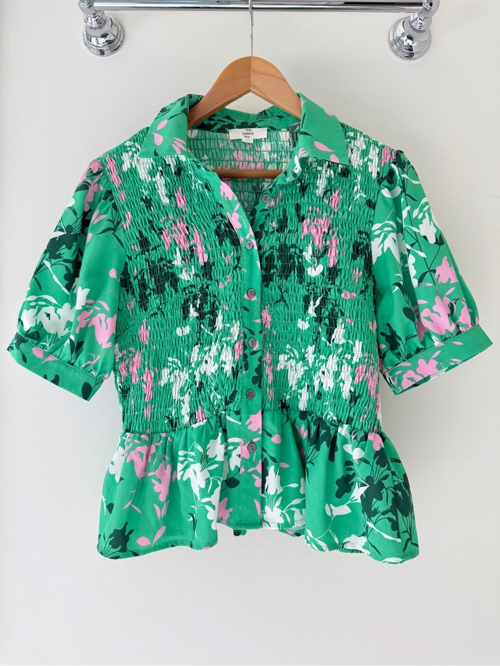 Entro Green Pink Floral Smocked Peplum Button Front Blouse S